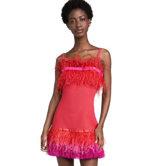 STAUD Etta Feather And Raffia-trimmed Crochet-knit Mini Dress In Blood Orange, s - Picture 3 of 12